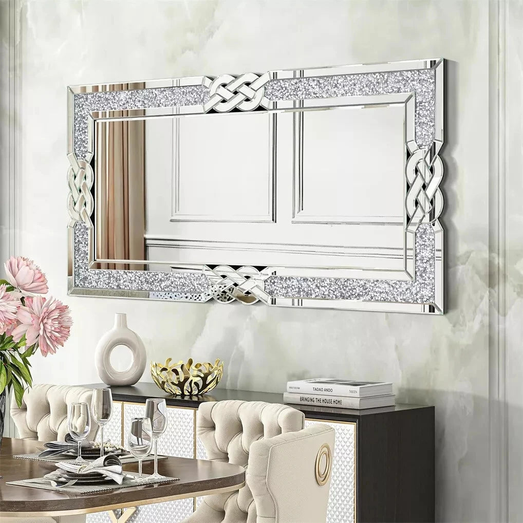 Crushed Diamond Wall Mirror Rectangular Glass Silver Vanity with Decorative Glam Bling Crystal Frame Edge