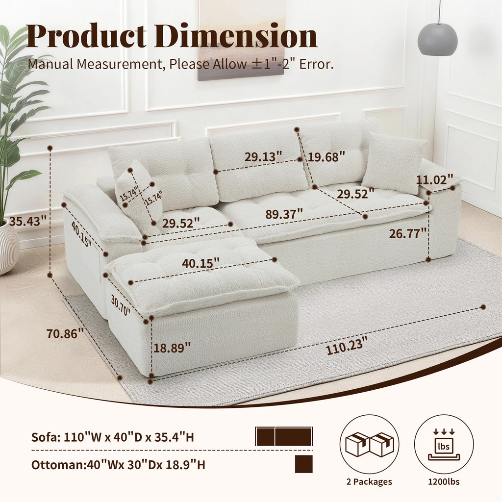 110" Modern L Shape Boneless Cloud Sectional Sofa, Chenille Deep Seat Modular Couch with Ottoman, No Assembly Needed for Living Room
