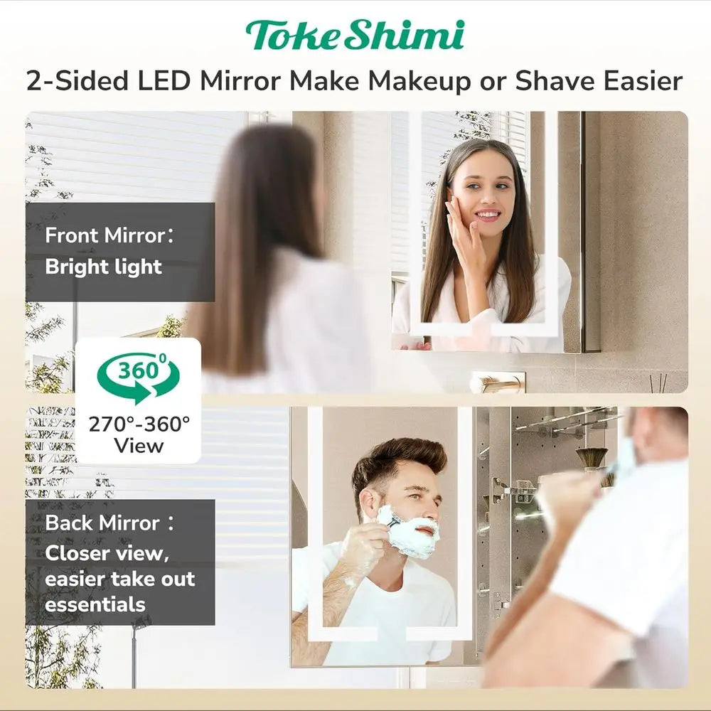48 x 32 Inch LED Medicine Cabinet with Mirror – Frontlit Bathroom Vanity Cabinet with Adjustable Brightness, Built-In Outlets & Double-Sided Mirrors