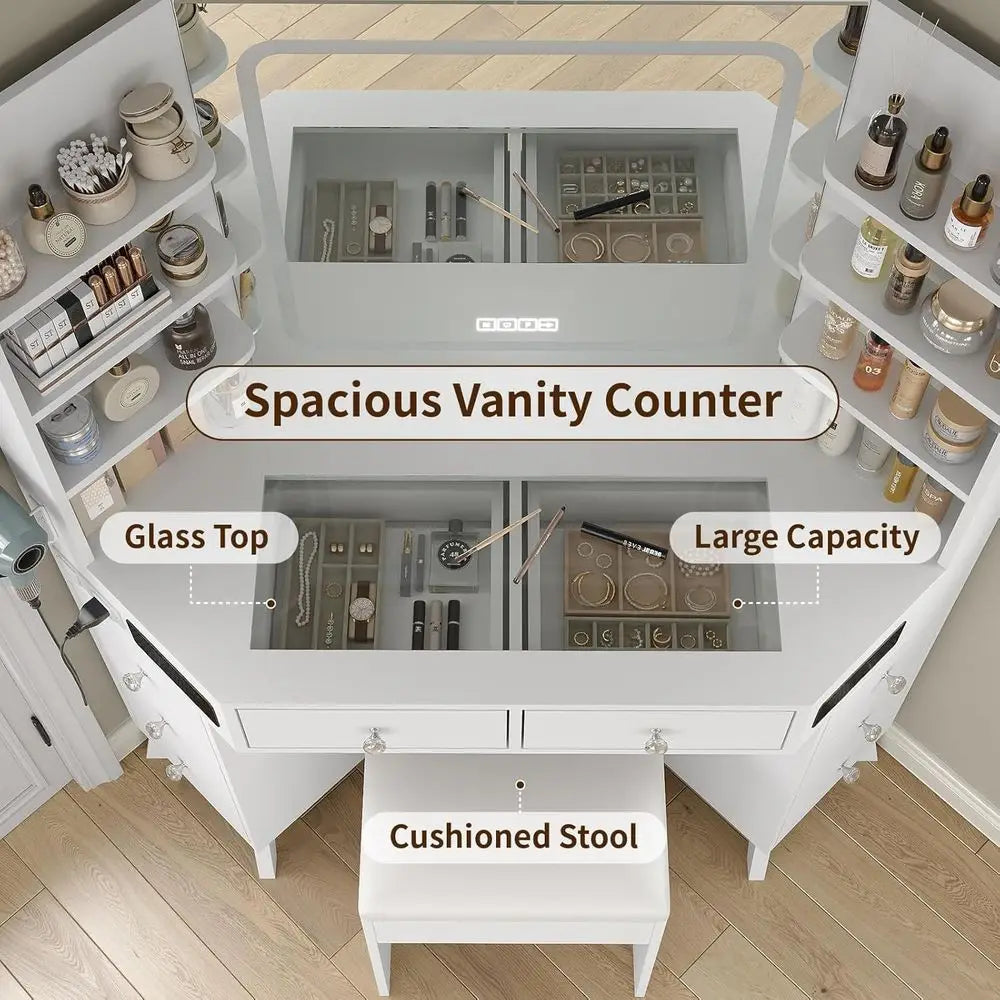 White Makeup Vanity Desk with Built-In Speaker, 8 Drawers, Glass Top & 3-Color LED Lighting