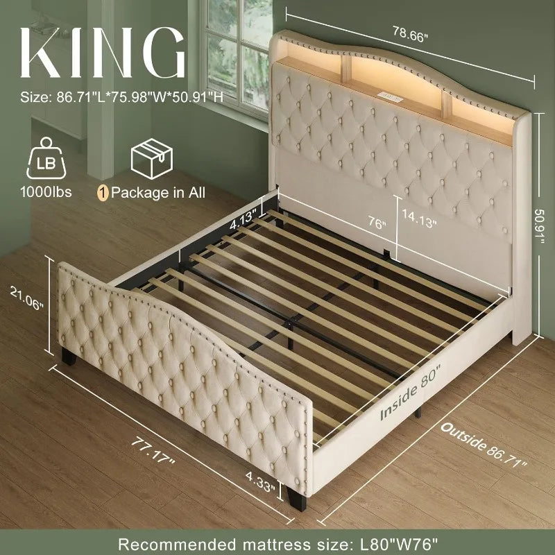 Belffin King Size Velvet Wingback Bed Frame with LED Lights & Charging Station