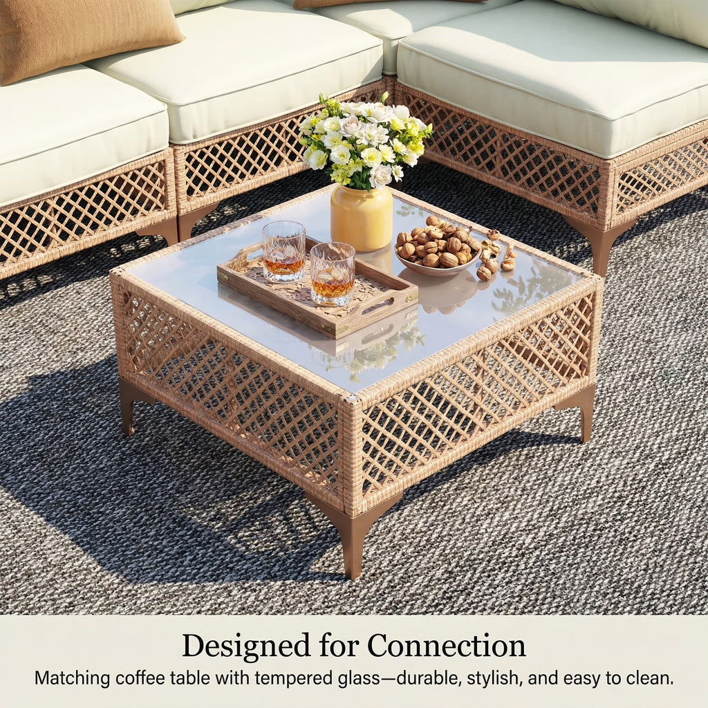 7-Piece Patio Furniture Set, Outdoor Wicker Conversation Set with Thick Cushions & Coffee Table for Backyard and Garden, Beige