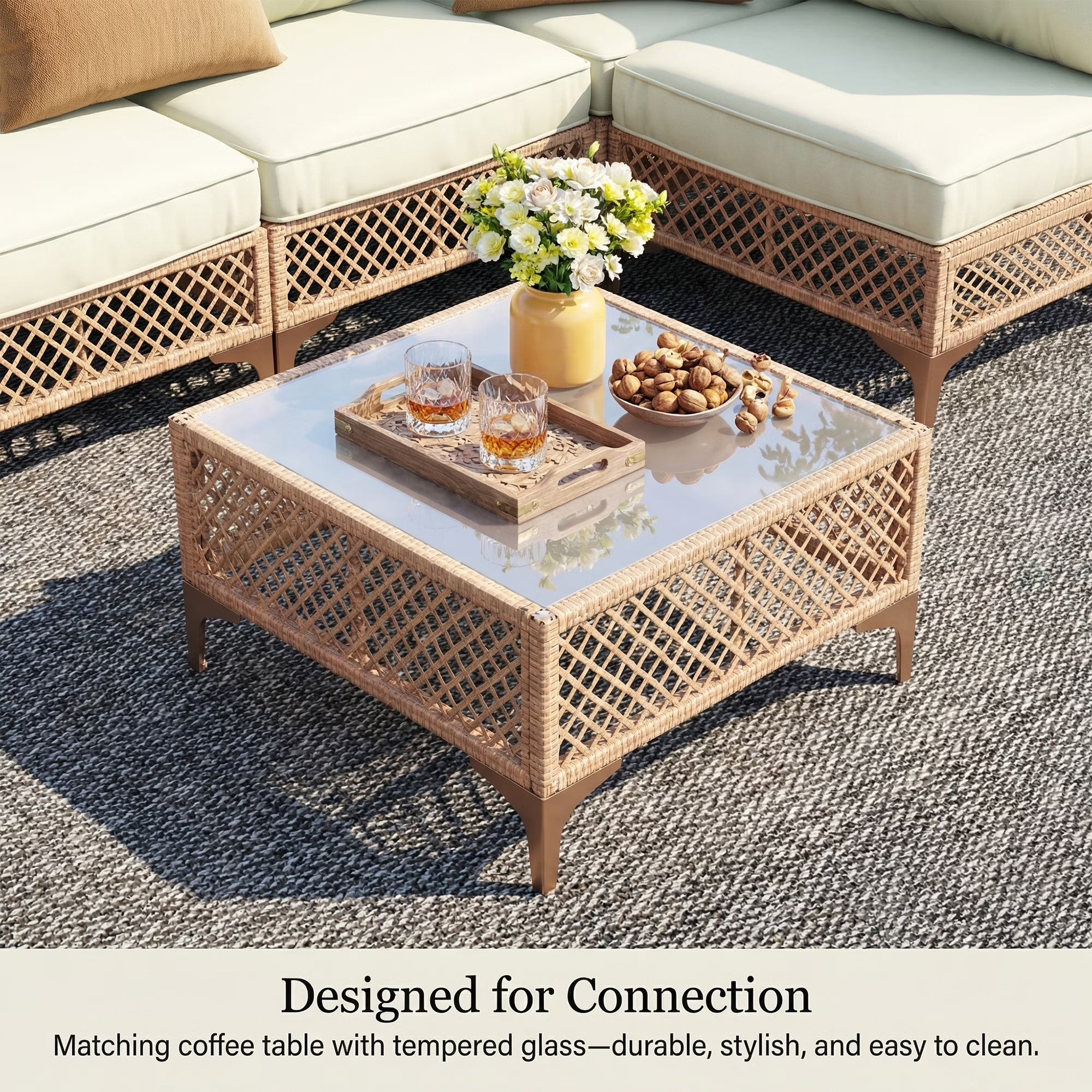 7-Piece Patio Furniture Set, Outdoor Wicker Conversation Set with Thick Cushions & Coffee Table for Backyard and Garden, Beige