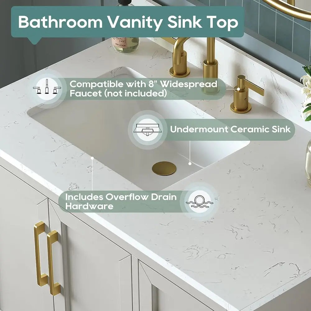 36-Inch Solid Wood Bathroom Vanity with Carrara Marble Top – Greige Single Sink Vanity with Soft-Close Drawers, Fully Assembled