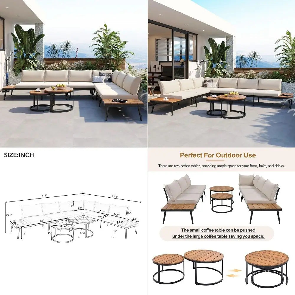 Outdoor Sectional Sofa Set with round Nesting Coffee Tables and Cushions,6Piece Patio Furniture Set for Porch,Garden,Poolside A