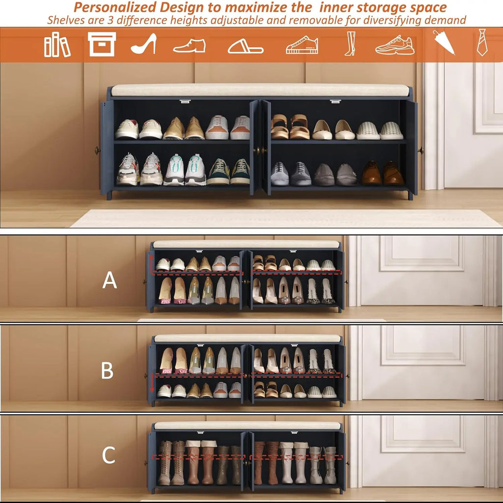 48.4" Shoe Storage Bench with Cushion, Entryway Bench with Paddded Seat, 2-Tier Shoe Cabinet Bench with Adjustable, Customized