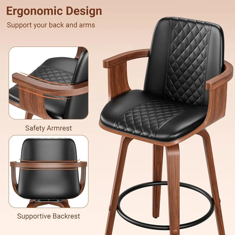 26" Swivel PU Leather Bar Stools with Wooden Arms – Set of 6 Modern Counter Height Chairs, Black