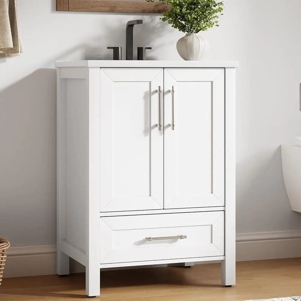 24-Inch White Freestanding Bathroom Vanity with Sink – Modern Storage Cabinet with Soft-Close Doors & Easy Assembly