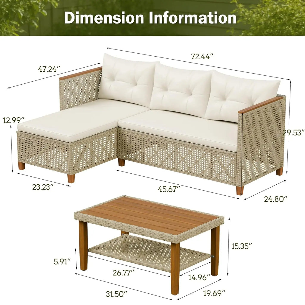 Patio Furniture Set 3 Piece Outdoor Sectional Sofa Hollow Rattan Patio Seating Sofa with Coffee Table & Ottoman For, Customized