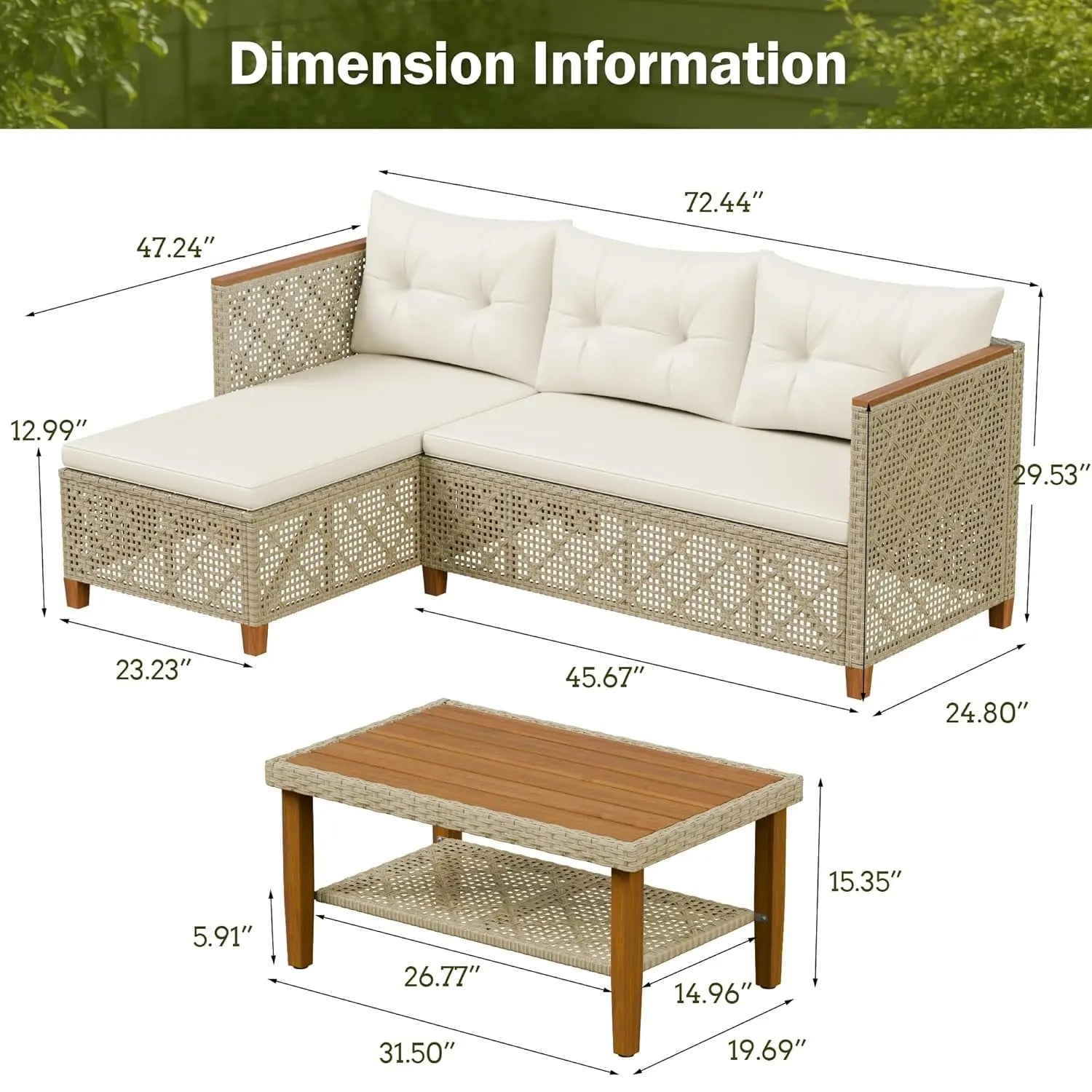 Patio Furniture Set 3 Piece Outdoor Sectional Sofa Hollow Rattan Patio Seating Sofa with Coffee Table & Ottoman For, Customized