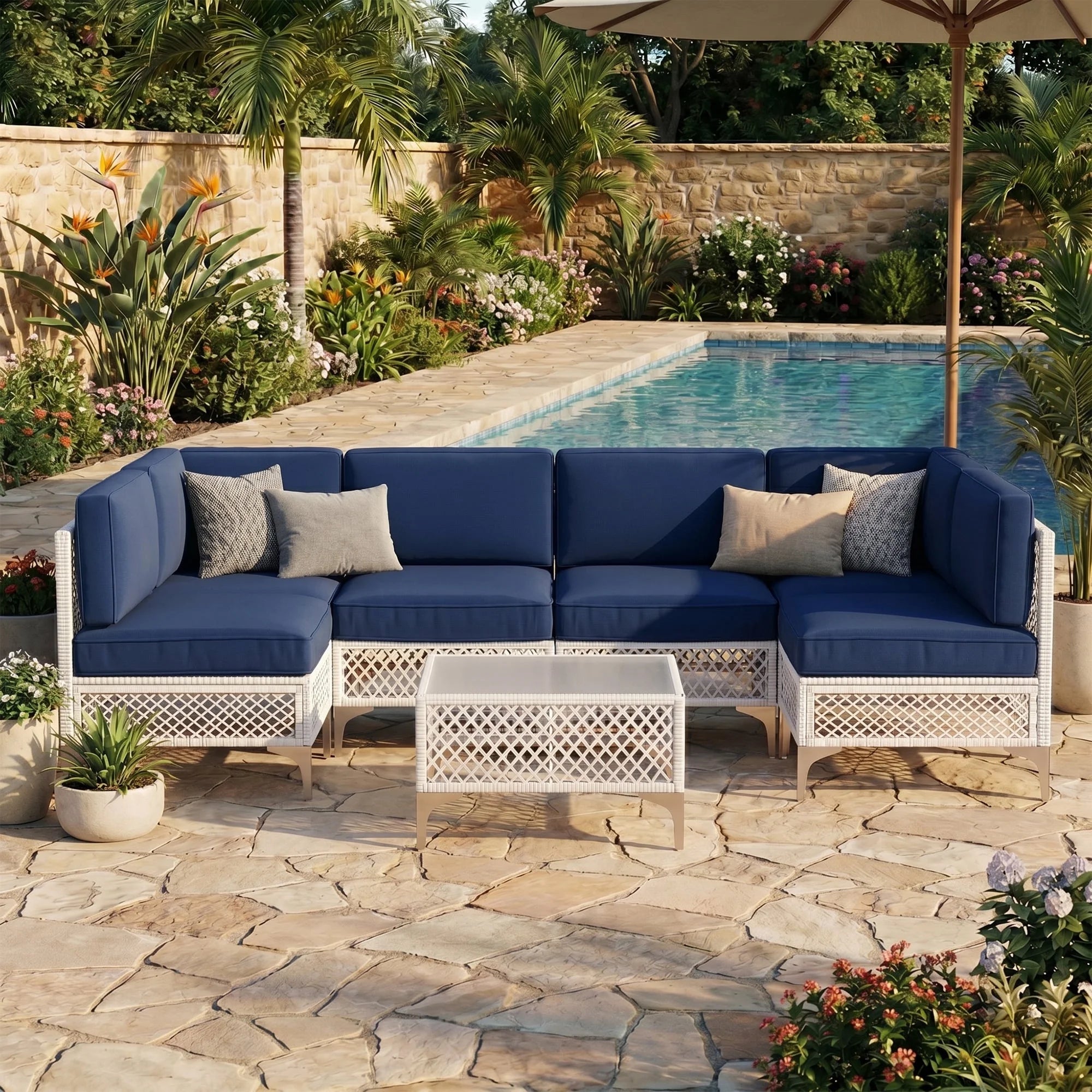 7-Piece Patio Furniture Set, Outdoor Wicker Conversation Set with Thick Cushions & Coffee Table for Backyard and Garden, Beige