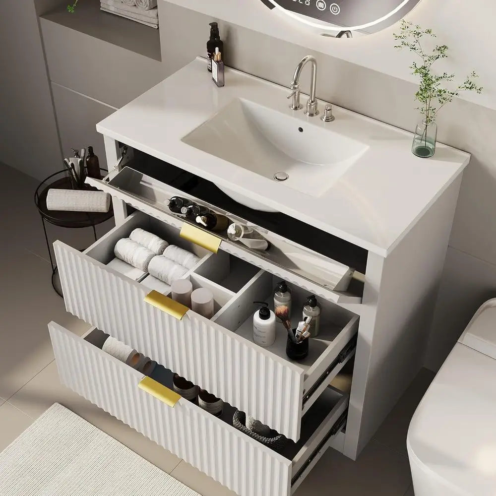 36-Inch Freestanding Bathroom Vanity with Sink – White Vanity with 2 Drawers & Drop-Down Drawer