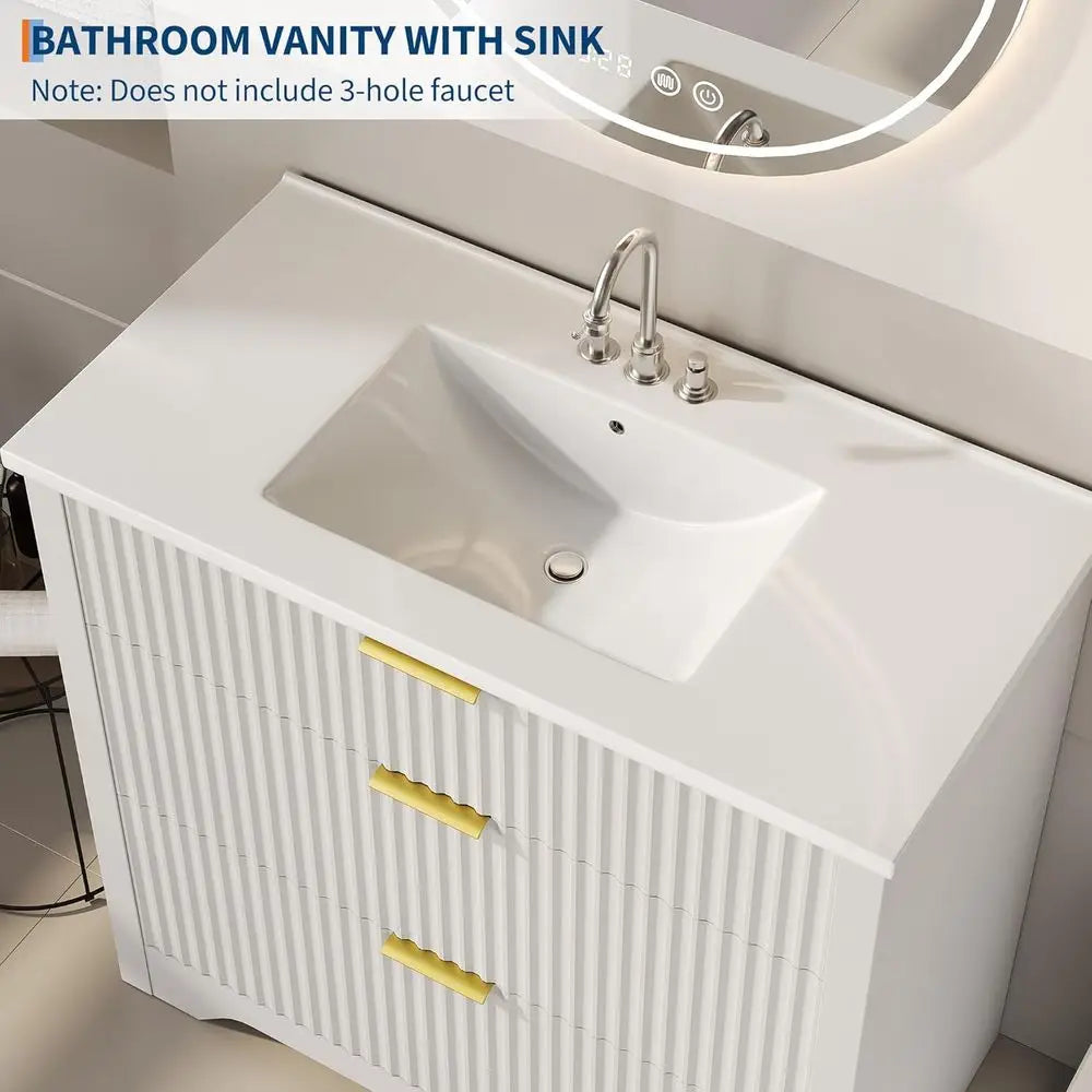 36-Inch Freestanding Bathroom Vanity with Sink – White Vanity with 2 Drawers & Drop-Down Drawer