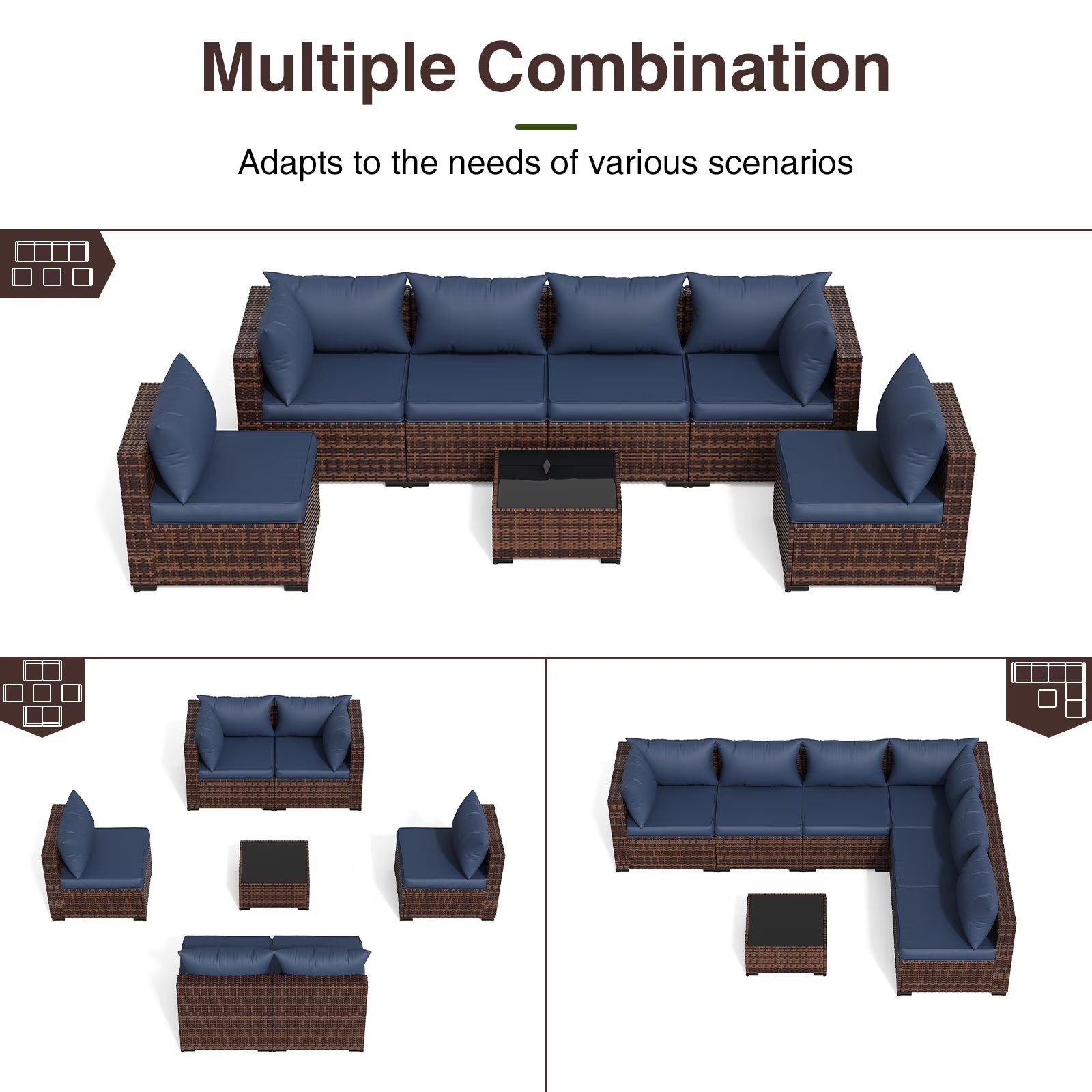 7 Pieces Patio Furniture Set All Weather Outdoor Sectional Sofa, Outdoor Modern Sectional Furniture Wicker Couch with Glass Coffee Table, Thicken Navy Blue Cushions, Water Resistant