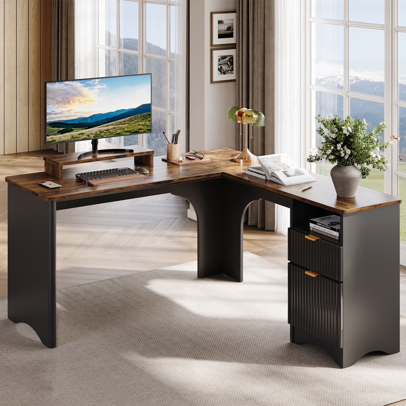 L Shaped Desk with Drawers, 55.7" X 55" Office Computer Desk with round Corners, Monitor Stand & Fluted Panels, Natural Oak