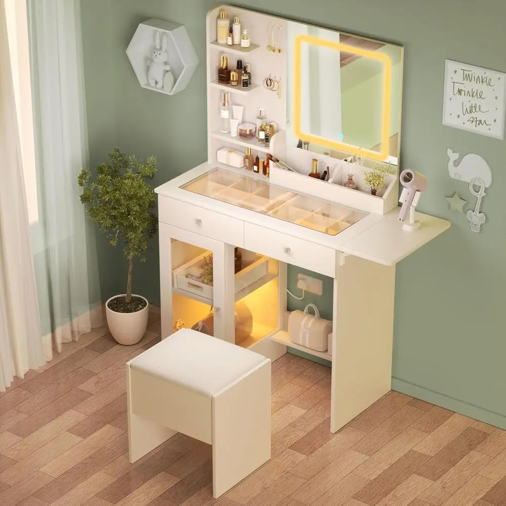 LED Lighted Makeup Vanity with Sliding Mirror, Charging Station & RGB Cabinets – White
