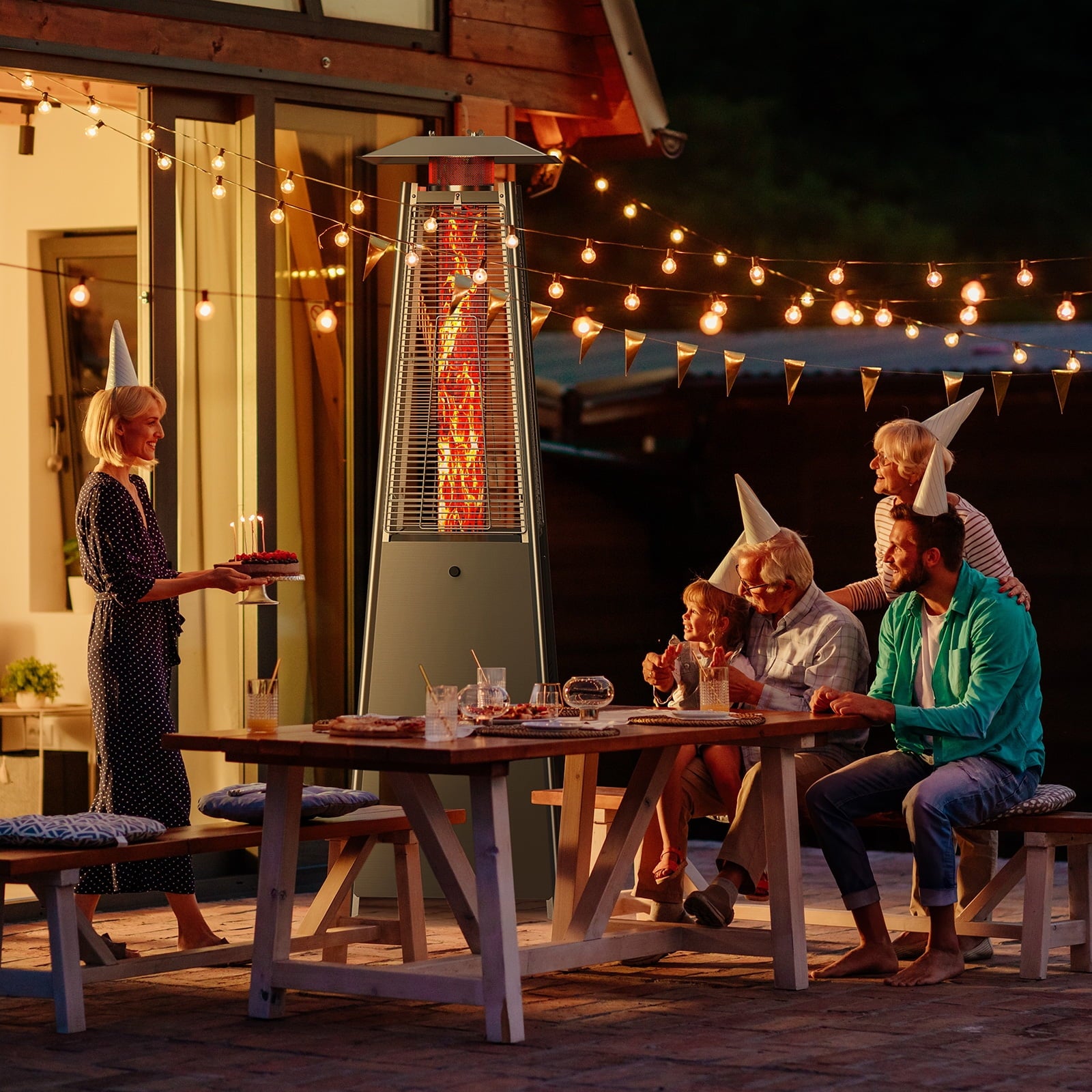 42000 BTU Outdoor Propane Patio Heater Tower with Wheels, Stainless Steel