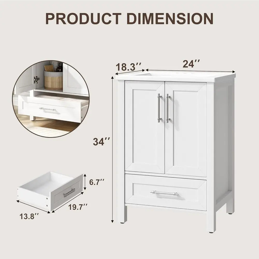 24-Inch White Freestanding Bathroom Vanity with Sink – Modern Storage Cabinet with Soft-Close Doors & Easy Assembly