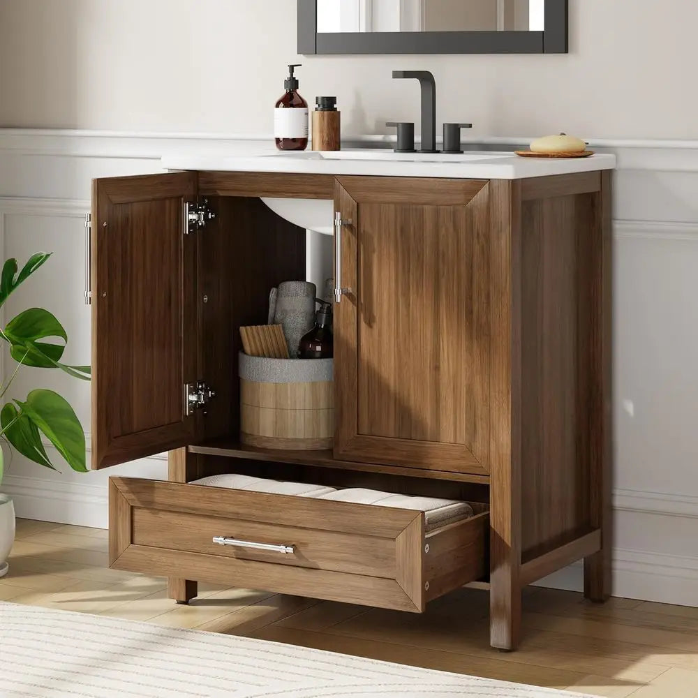 30-Inch Walnut Freestanding Bathroom Vanity with Sink – Wooden Vanity Cabinet with Soft-Close Doors & Drawer for Small Spaces