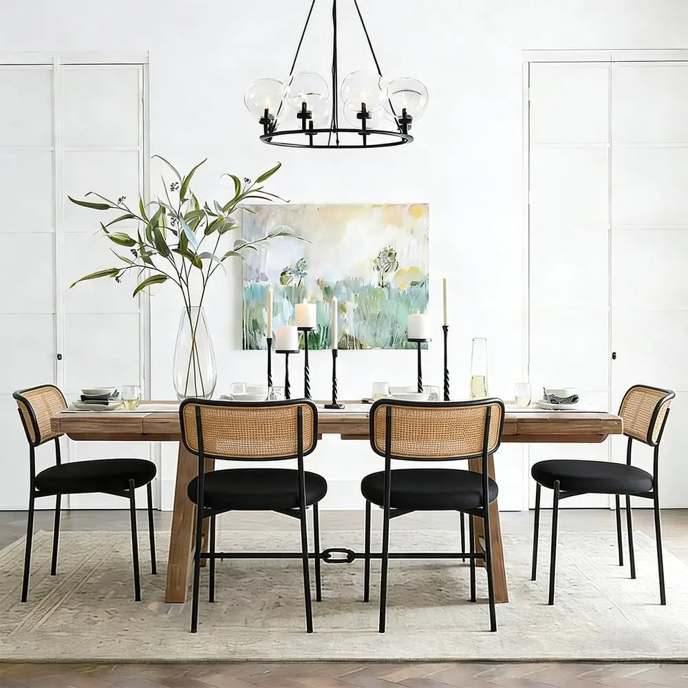 Mid-Century Modern Rattan Dining Chairs Set of 4 with Sherpa Upholstery & Metal Legs – Black