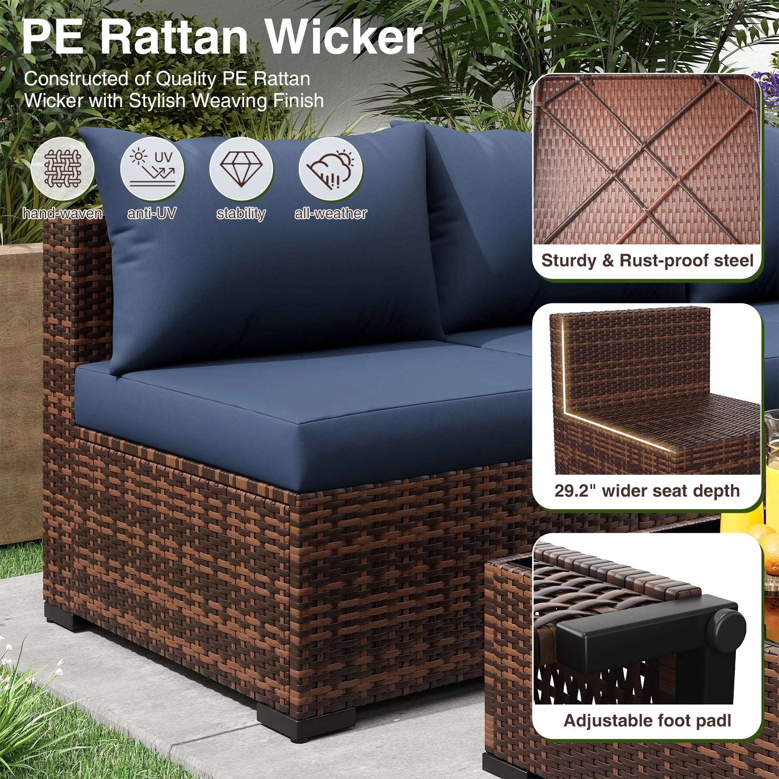 7 Pieces Patio Furniture Set All Weather Outdoor Sectional Sofa, Outdoor Modern Sectional Furniture Wicker Couch with Glass Coffee Table, Thicken Navy Blue Cushions, Water Resistant