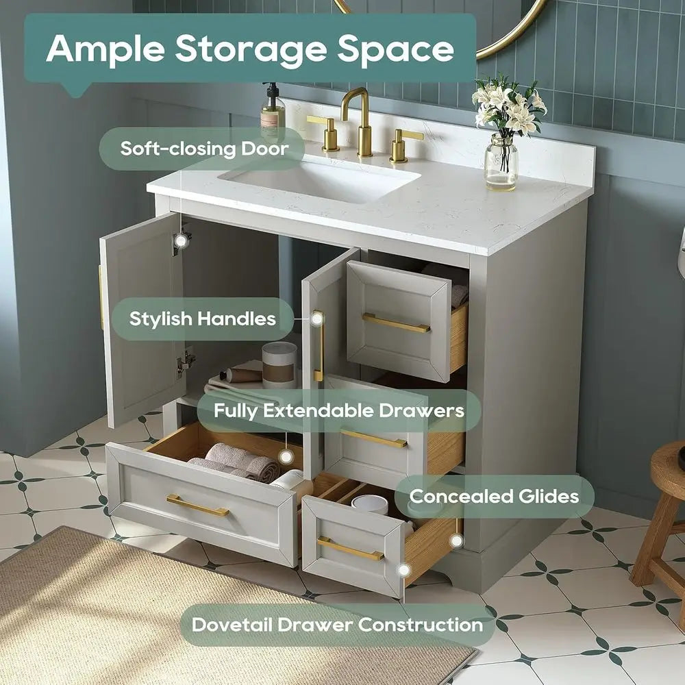 36-Inch Solid Wood Bathroom Vanity with Carrara Marble Top – Greige Single Sink Vanity with Soft-Close Drawers, Fully Assembled