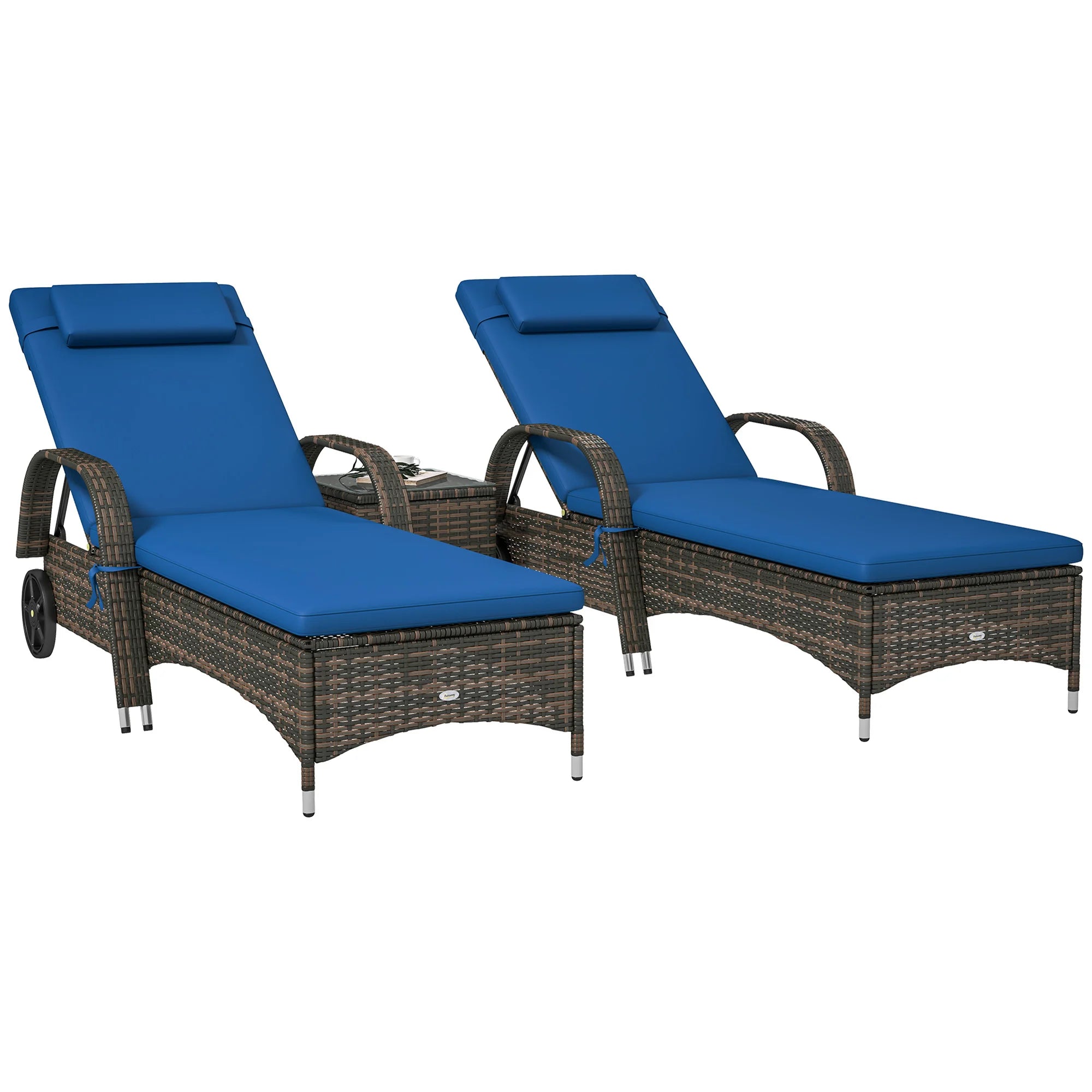 3Pc Outdoor Set, 2 Reclining Chairs, Cushions, Wheels, Side Table, Pe Wicker