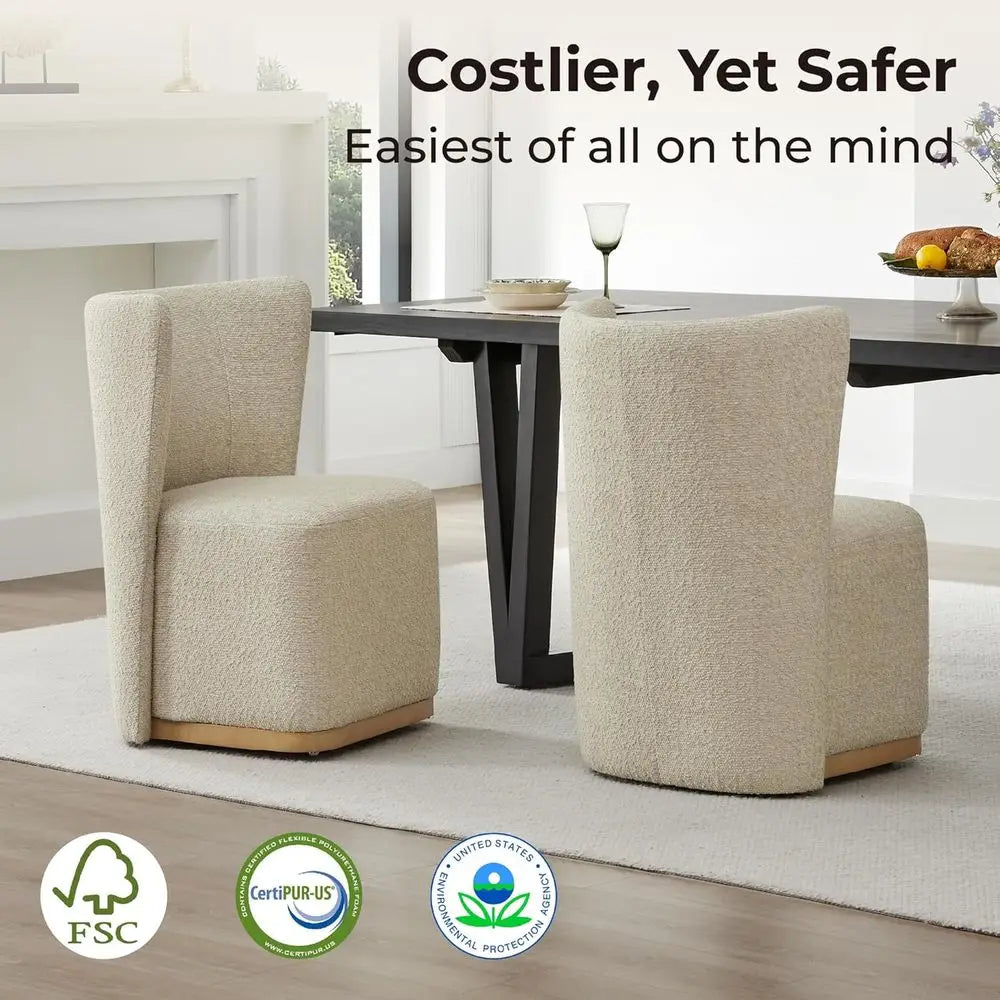 Rolling Upholstered Dining Chairs Set of 2 with Hidden Casters – Oatmeal