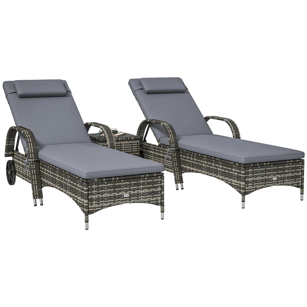 3Pc Outdoor Set, 2 Reclining Chairs, Cushions, Wheels, Side Table, Pe Wicker
