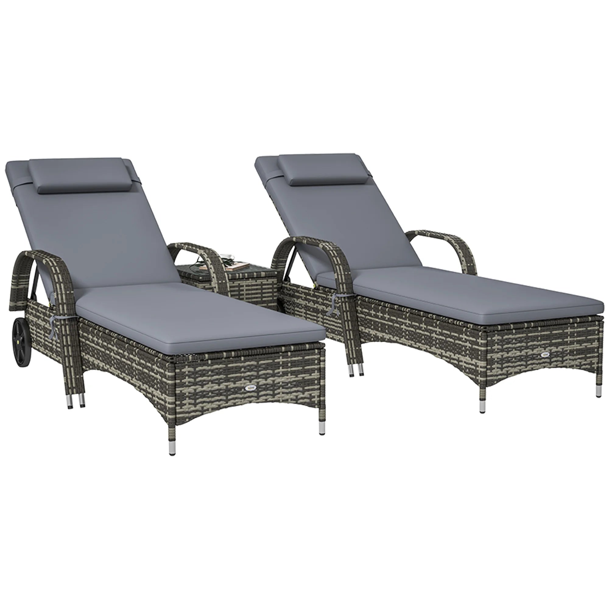 3Pc Outdoor Set, 2 Reclining Chairs, Cushions, Wheels, Side Table, Pe Wicker