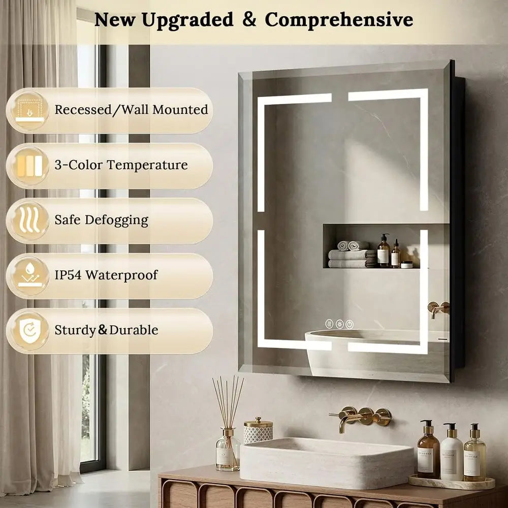 30 x 36 LED Illuminated Medicine Cabinet with Mirror – Black Metal Bathroom Storage Cabinet with Adjustable Lighting & Anti-Fog Mirror