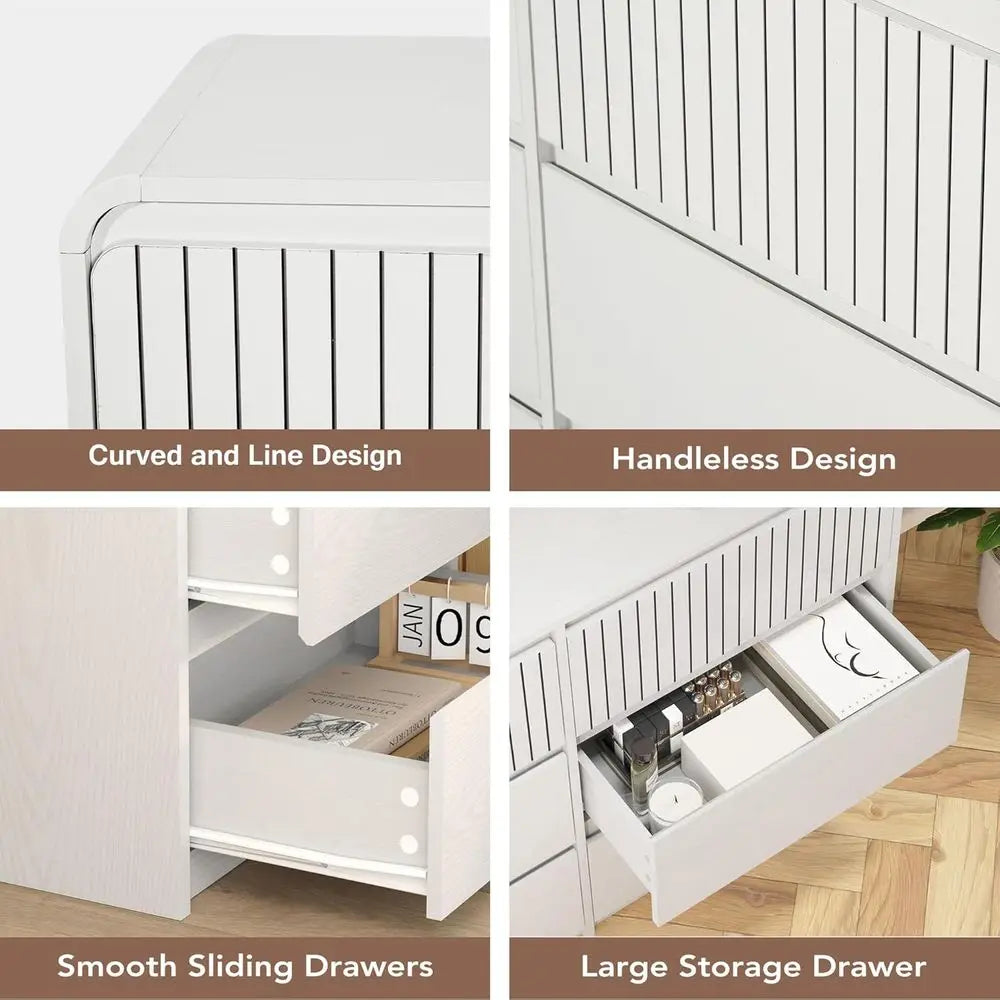 3-Piece White Bedroom Furniture Set with 6-Drawer Dresser & 2 Nightstands – Modern Curved Design