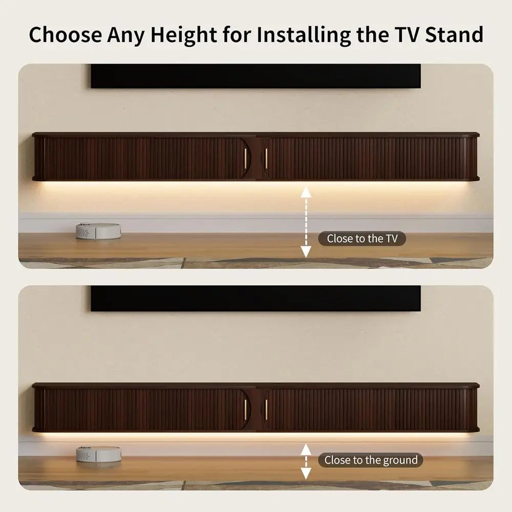 Floating TV Stand with Power Outlet & RGB LED Lights – 94.8" Walnut Entertainment Center