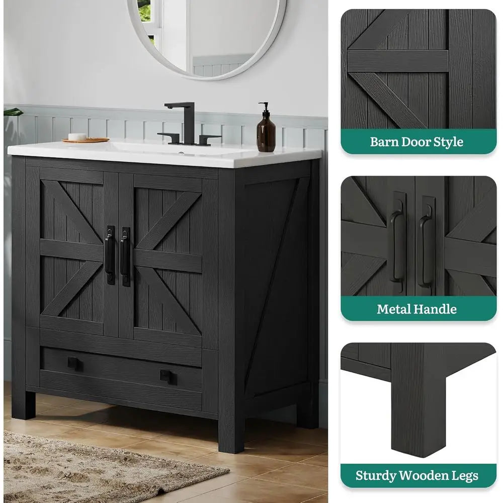 30-Inch Space-Saving Bathroom Vanity with Sink – Black Barn Door Storage Cabinet with Large Drawer & Built-In Door Racks