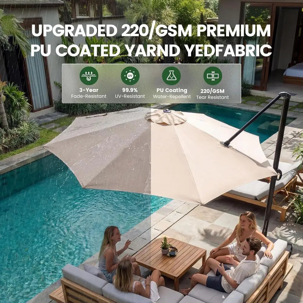 10Ft Large Cantilever Patio Umbrella with Base, 360° Rotation, Ideal for Outdoor Deck, Pool, Backyard, Garden, Champagne