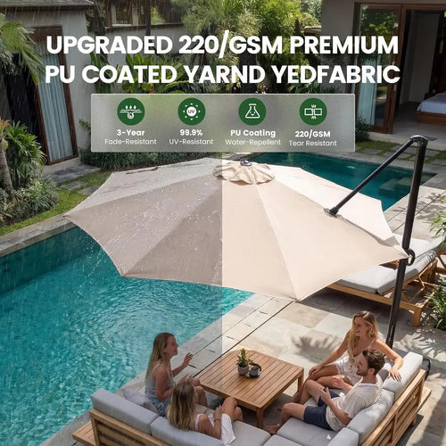 10Ft Large Cantilever Patio Umbrella with Base, 360° Rotation, Ideal for Outdoor Deck, Pool, Backyard, Garden, Champagne