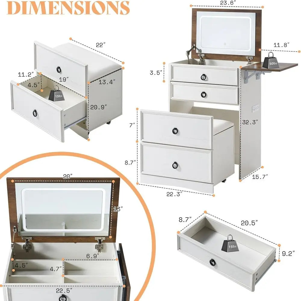 Compact 3-in-1 Makeup Vanity Desk with Mirror, Lights & Hidden Chair – White & Barnwood Finish