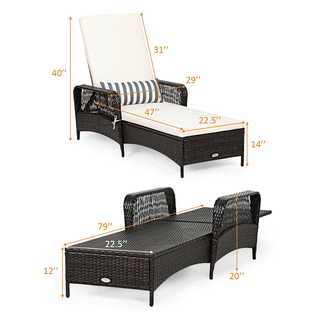 Rattan Patio Lounge Chair Chaise W/ Adjustable Backrest Cushion & Pillow