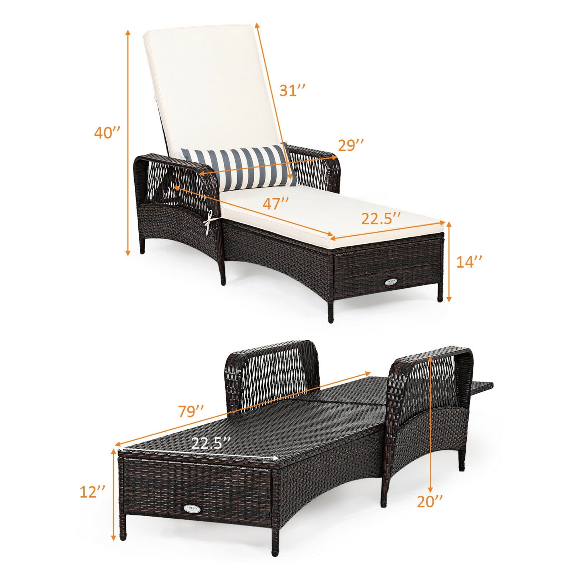 Rattan Patio Lounge Chair Chaise W/ Adjustable Backrest Cushion & Pillow