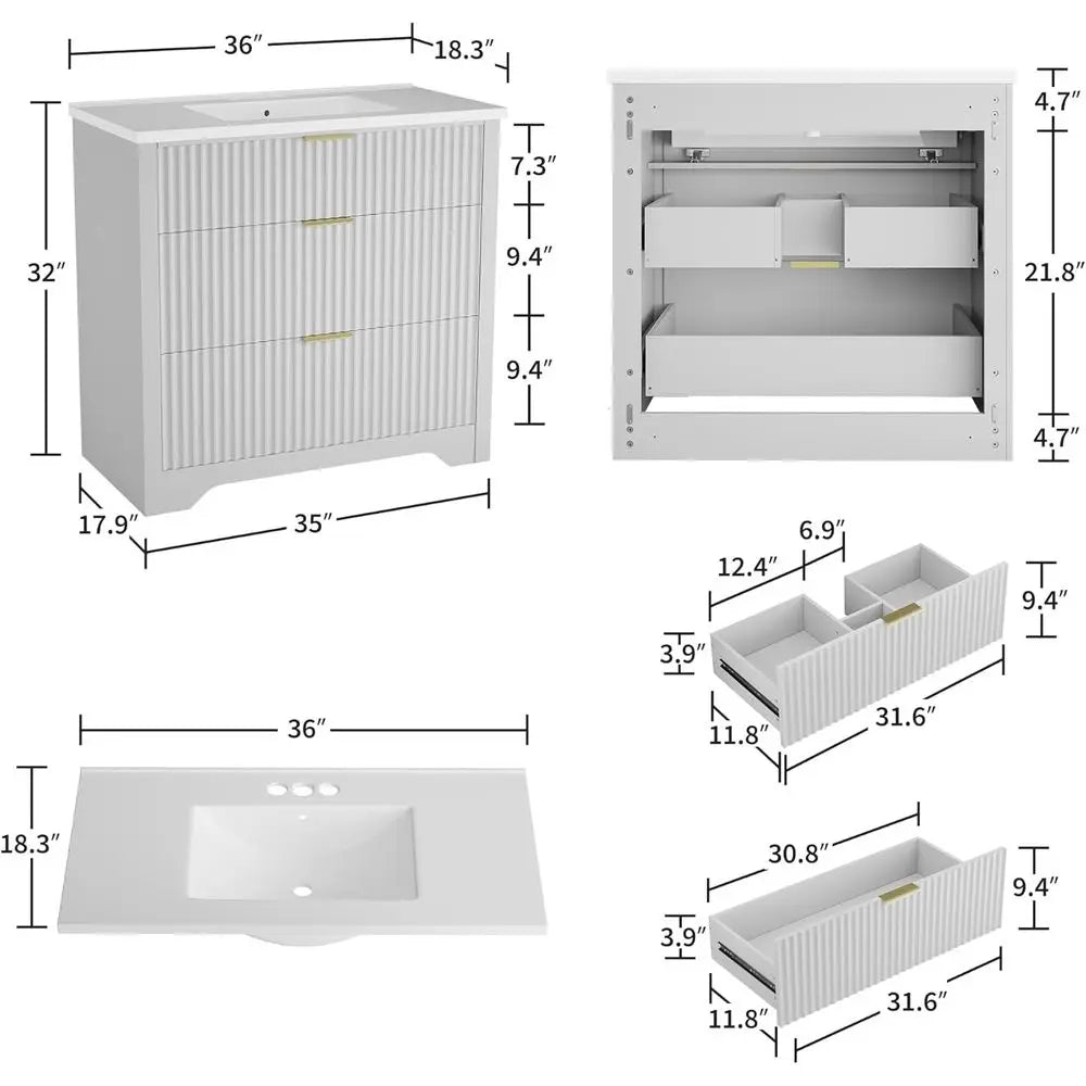 36-Inch Freestanding Bathroom Vanity with Sink – White Vanity with 2 Drawers & Drop-Down Drawer