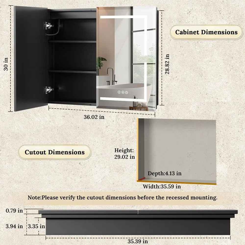 30 x 36 LED Illuminated Medicine Cabinet with Mirror – Black Metal Bathroom Storage Cabinet with Adjustable Lighting & Anti-Fog Mirror