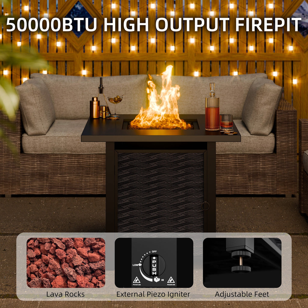 28" Propane Fire Pit Table 50,000 BTU Steel Gas Fire Pit with Removable Lid & Waterproof Cover and Tables