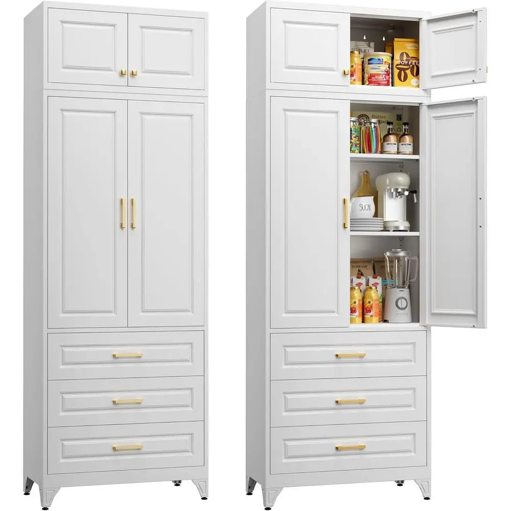 90" Tall Metal Pantry Cabinet with Doors, Shelves & Drawers – White