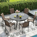 7-Piece Outdoor Patio Dining Set with 50" Round Metal Table & 6 Stackable Sling Chairs – Black & Brown