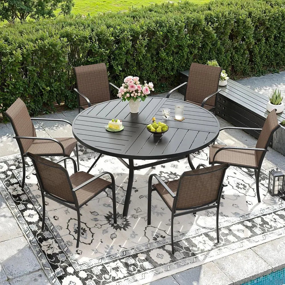 7-Piece Outdoor Patio Dining Set with 50" Round Metal Table & 6 Stackable Sling Chairs – Black & Brown