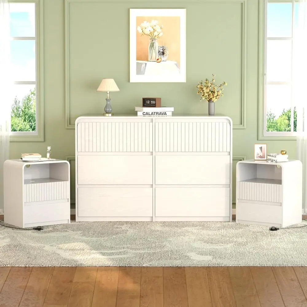 3-Piece White Bedroom Furniture Set with 6-Drawer Dresser & 2 Nightstands – Modern Curved Design