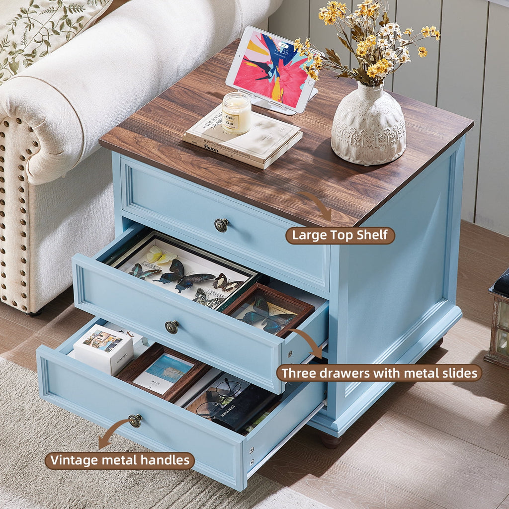 Nightstand with 3 Drawers, Bedside Table for Bedroom, Spacious Storage Cabinet for Living Room,Closet - Light Blue