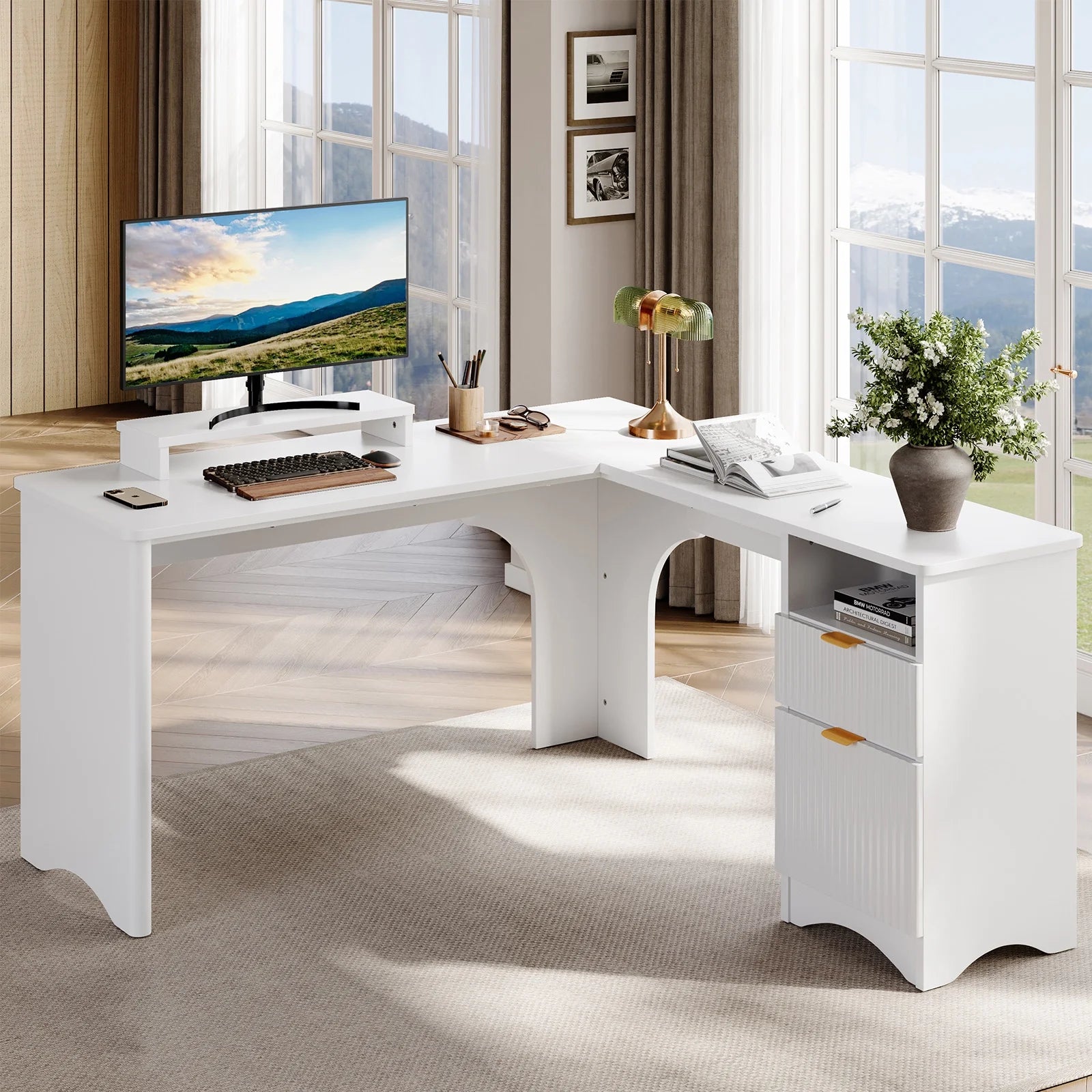 L Shaped Desk with Drawers, 55.7" X 55" Office Computer Desk with round Corners, Monitor Stand & Fluted Panels, Natural Oak