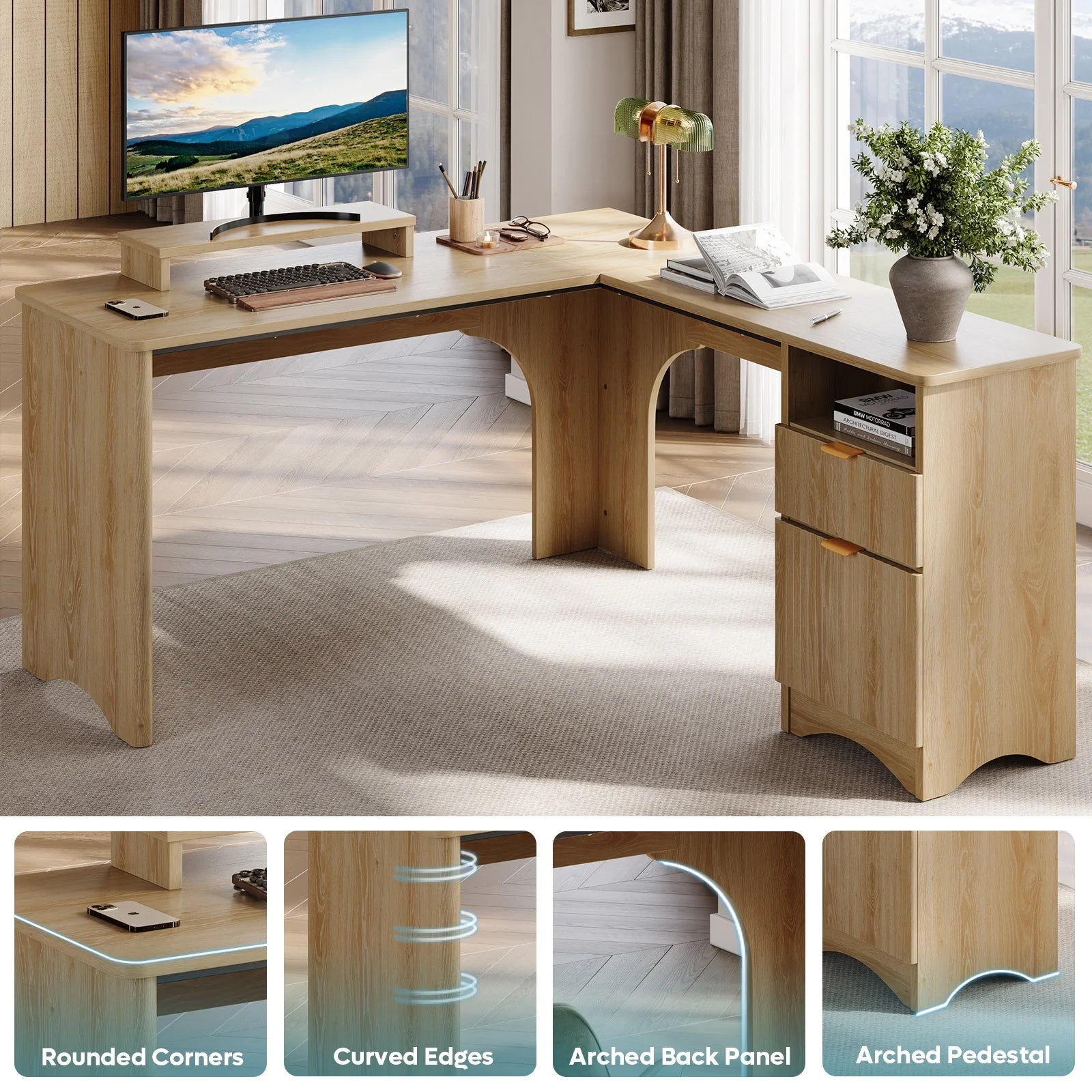 L Shaped Desk with Drawers, 55.7" X 55" Office Computer Desk with round Corners, Monitor Stand & Fluted Panels, Natural Oak