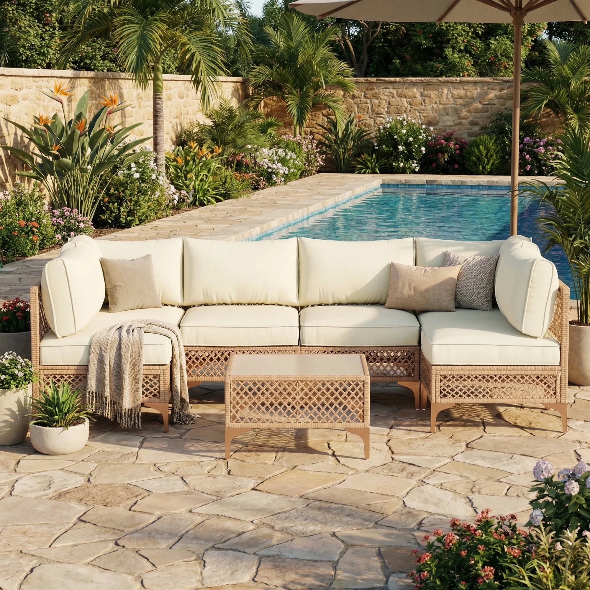 7-Piece Patio Furniture Set, Outdoor Wicker Conversation Set with Thick Cushions & Coffee Table for Backyard and Garden, Beige